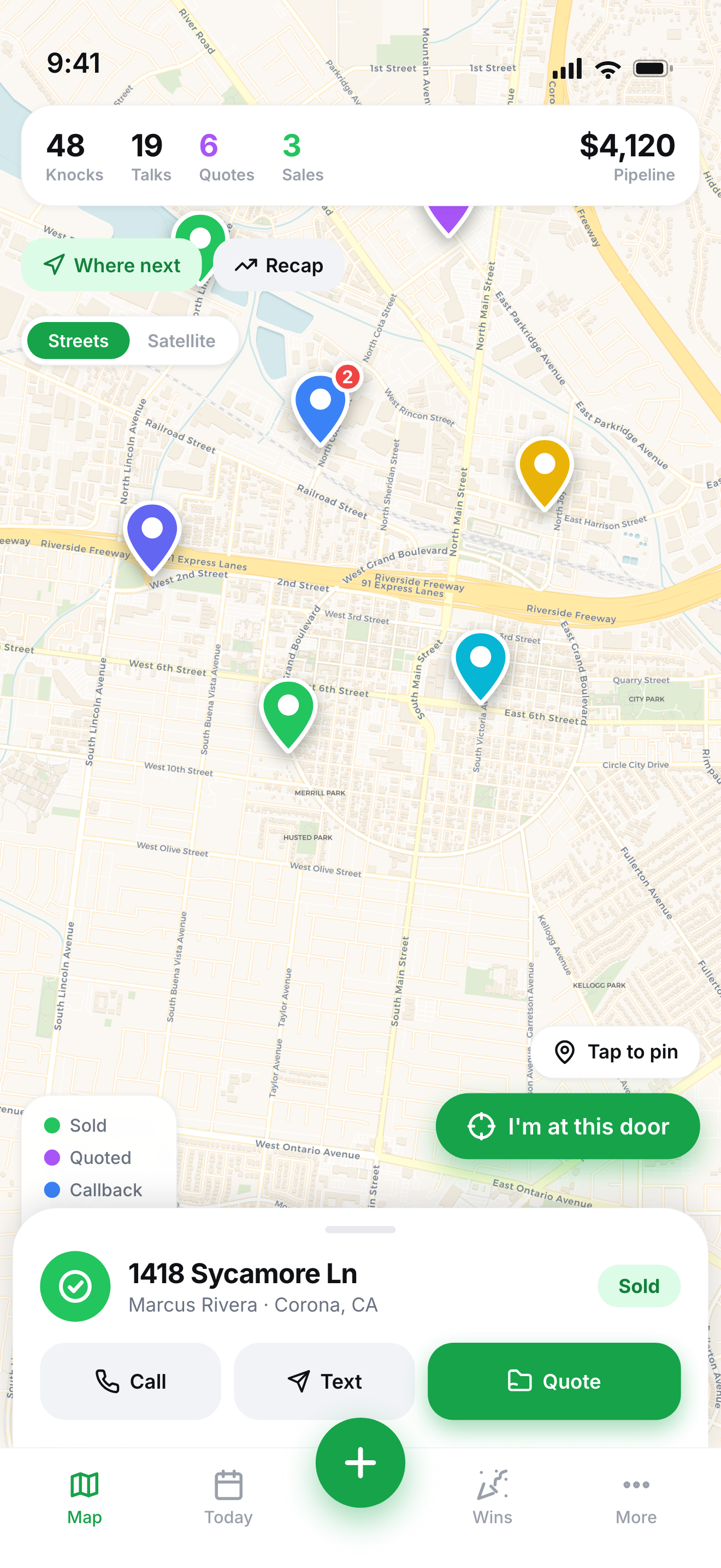 Vekto Field map with live pins, stats, and a door being worked